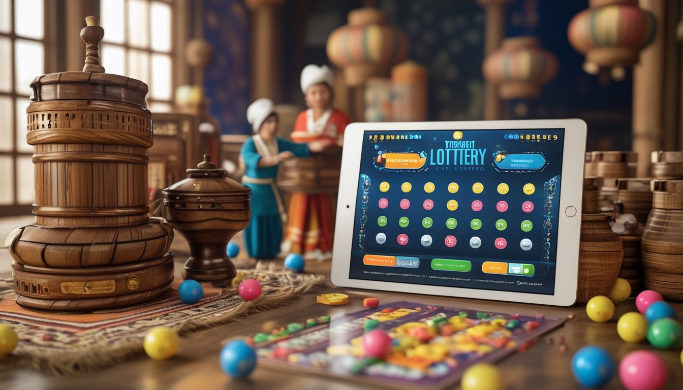 Orang-orang memainkan undian tradisional dengan drum kayu dan bola bernomor, berdampingan dengan perangkat digital yang menampilkan permainan undian modern.