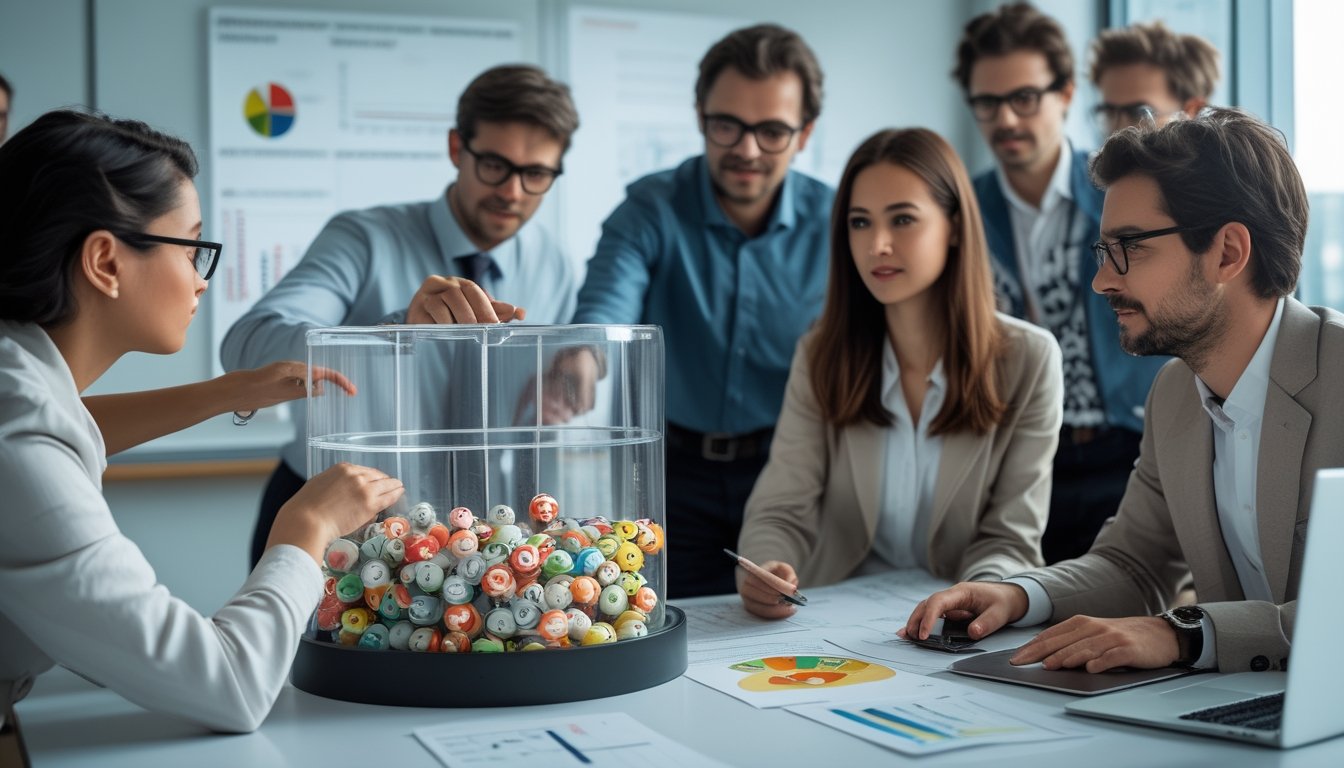 Sekelompok orang di kantor sedang mengamati sebuah drum undian transparan berisi bola bernomor, dengan grafik dan laptop di meja sebagai alat bantu analisis.
