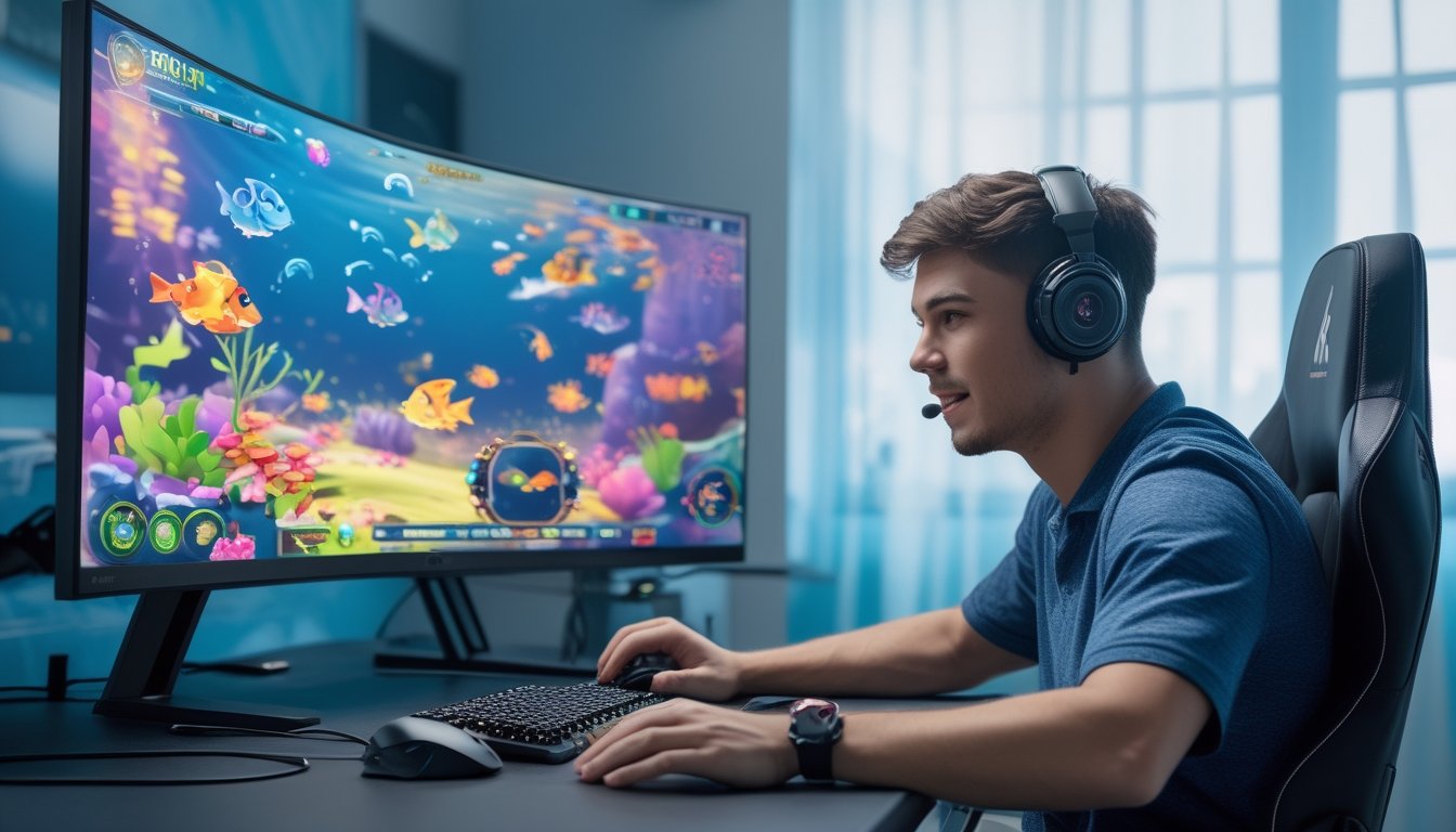 Seorang pria muda sedang bermain game tembak ikan di komputer dengan latar belakang dekorasi bertema bawah laut.