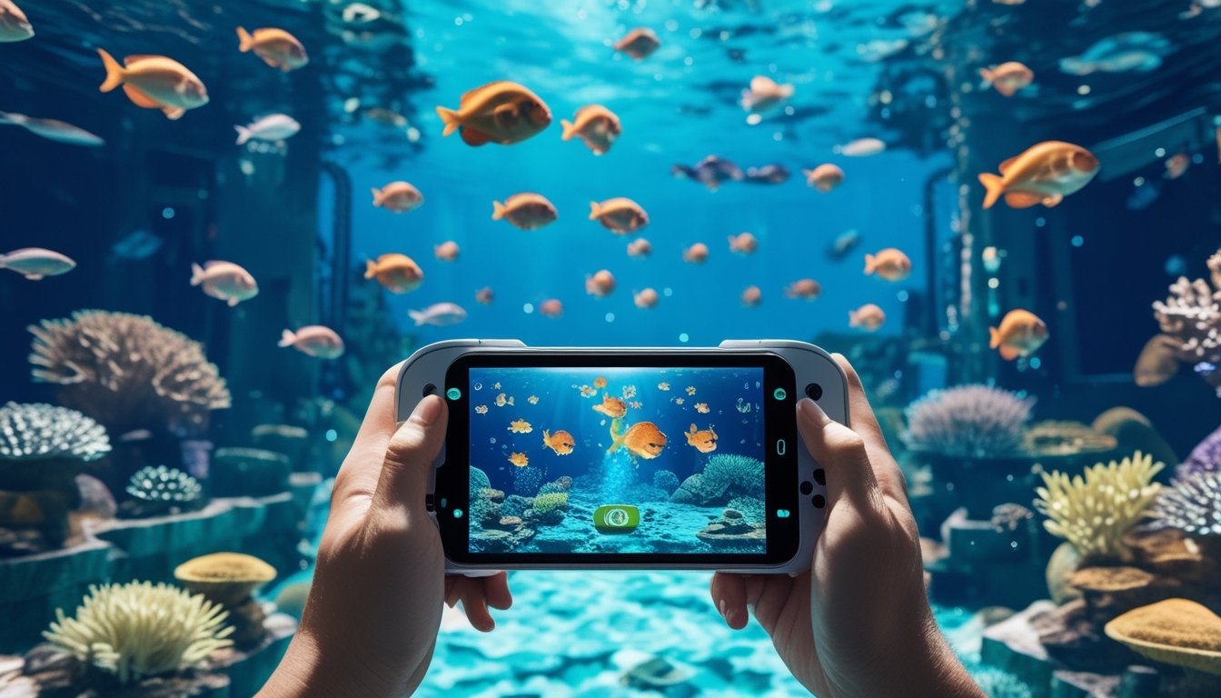 Pemandangan bawah laut berwarna-warni dengan berbagai ikan dan terumbu karang, serta tangan yang memegang perangkat game yang menampilkan permainan menembak ikan.
