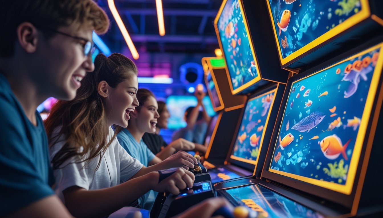 Beberapa orang muda sedang bermain game tembak ikan di arcade dengan layar warna-warni dan suasana yang ramai.