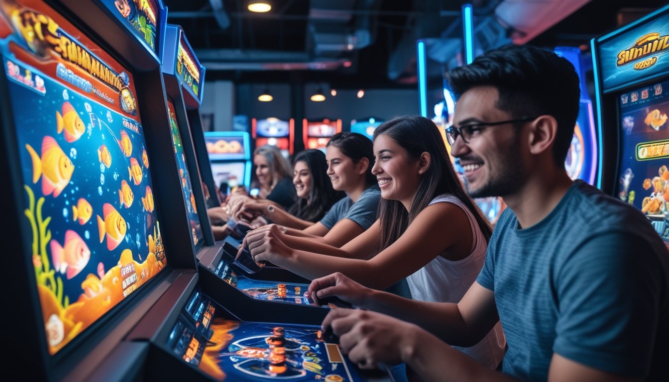 Beberapa orang muda bermain permainan tembak ikan di mesin arcade dengan grafis ikan berwarna-warni di layar, suasana cerah dan penuh semangat.