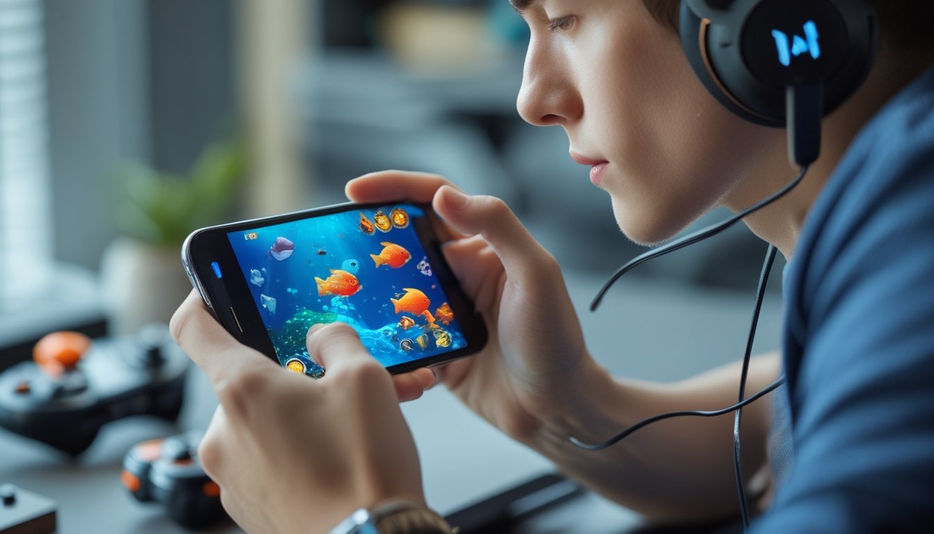 Seorang pemain muda sedang fokus bermain game tembak ikan di ponsel dengan layar menampilkan ikan dan ikon senjata warna-warni.