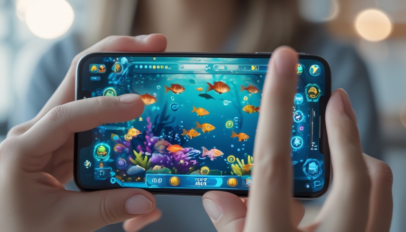 Seseorang memegang ponsel yang menampilkan permainan menembak ikan berwarna-warni di layar dengan latar belakang ruangan yang samar.