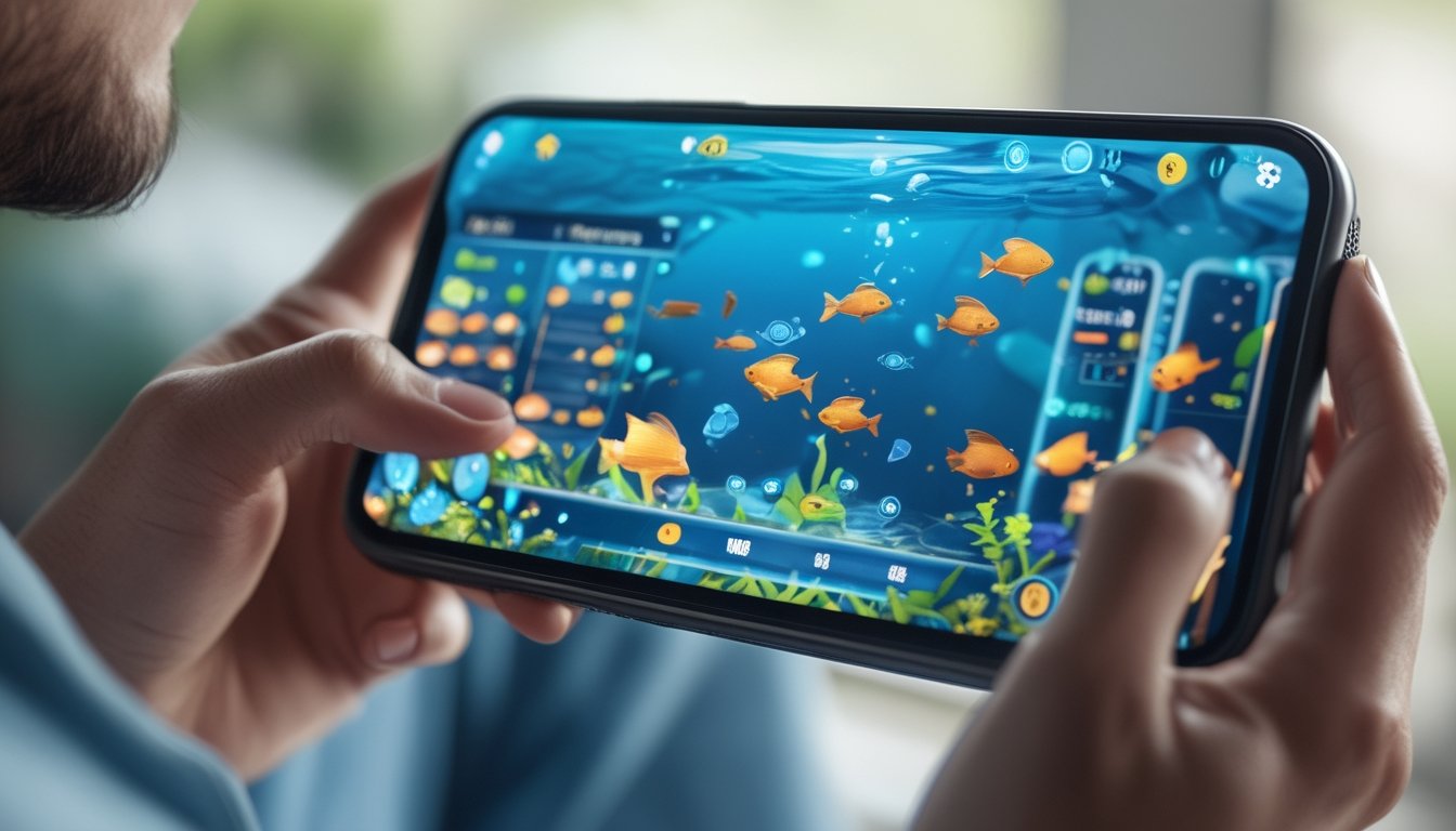 Seseorang memegang ponsel yang menampilkan permainan menembak ikan dengan grafis bawah laut yang berwarna-warni.