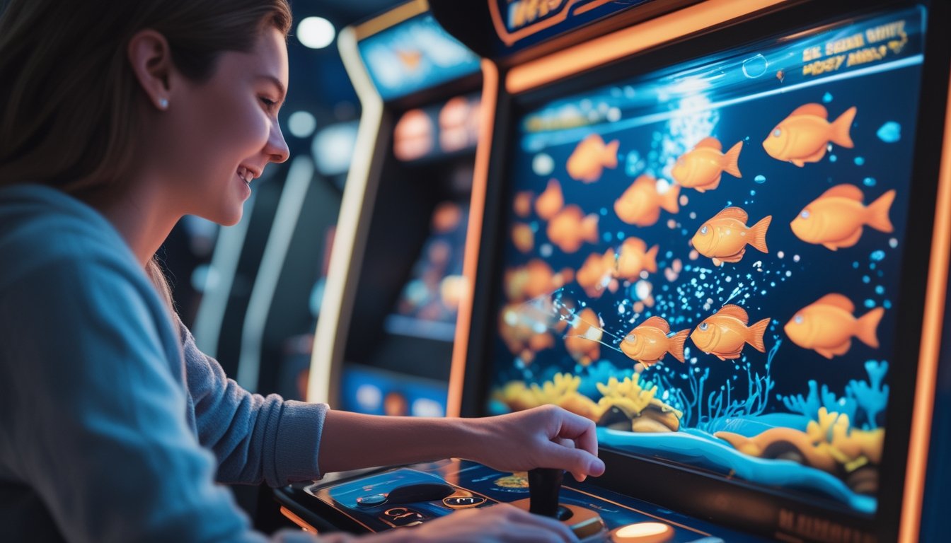 Seseorang sedang bermain game tembak ikan dengan layar penuh warna dan suasana arcade di latar belakang.
