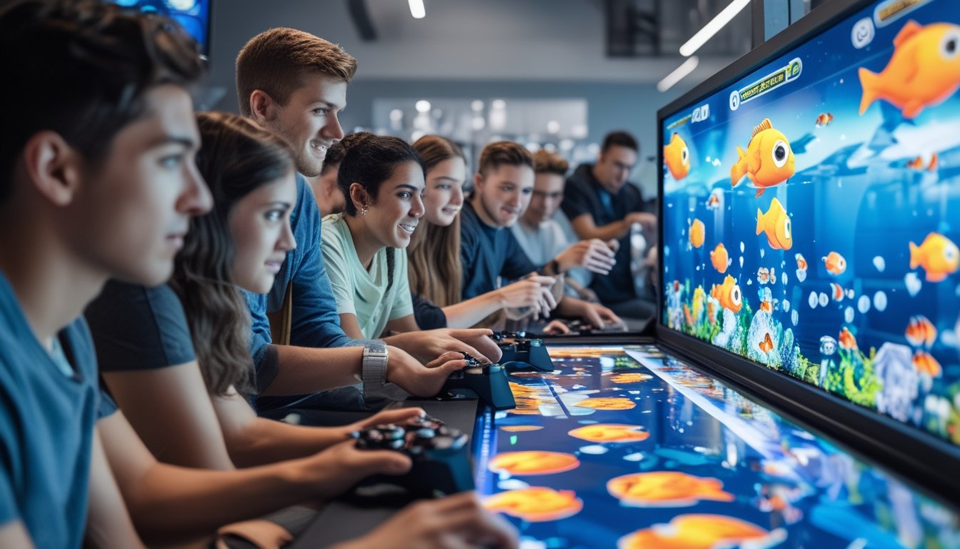 Sekelompok orang muda sedang bermain game tembak ikan di layar besar dengan ekspresi fokus dan antusias.