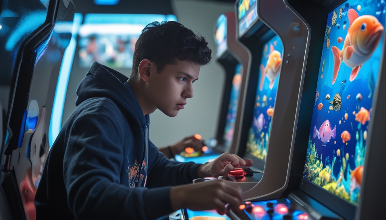 Seorang pemain muda sedang fokus bermain permainan tembak ikan di mesin arcade dengan layar berwarna-warni menampilkan berbagai ikan dan makhluk laut.