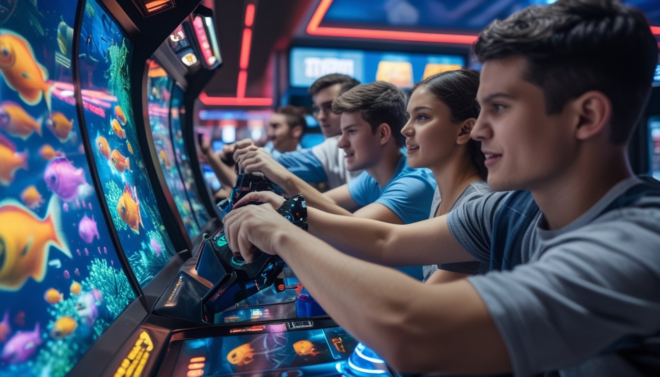 Beberapa orang muda sedang bermain game tembak ikan di mesin arcade dengan layar berwarna-warni dan suasana arcade yang ramai.