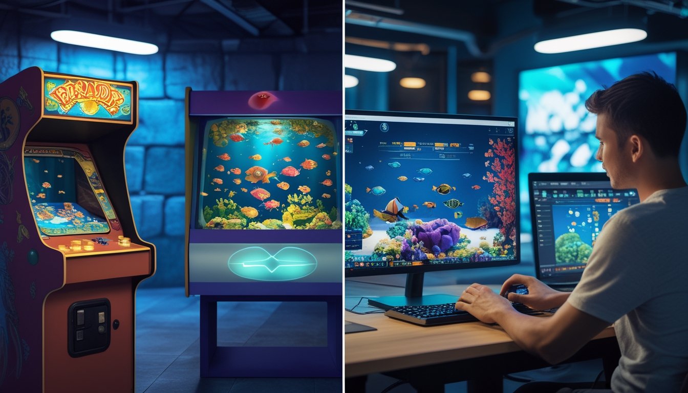 Perbandingan dua permainan tembak ikan versi arcade, satu menggunakan mesin arcade offline dan satu lagi dimainkan secara online di komputer.