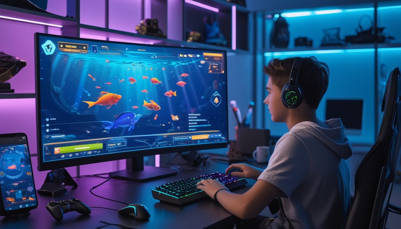 Seorang pemain muda sedang fokus bermain game tembak ikan di depan komputer dengan layar menampilkan ikan berwarna-warni dan antarmuka upgrade senjata.