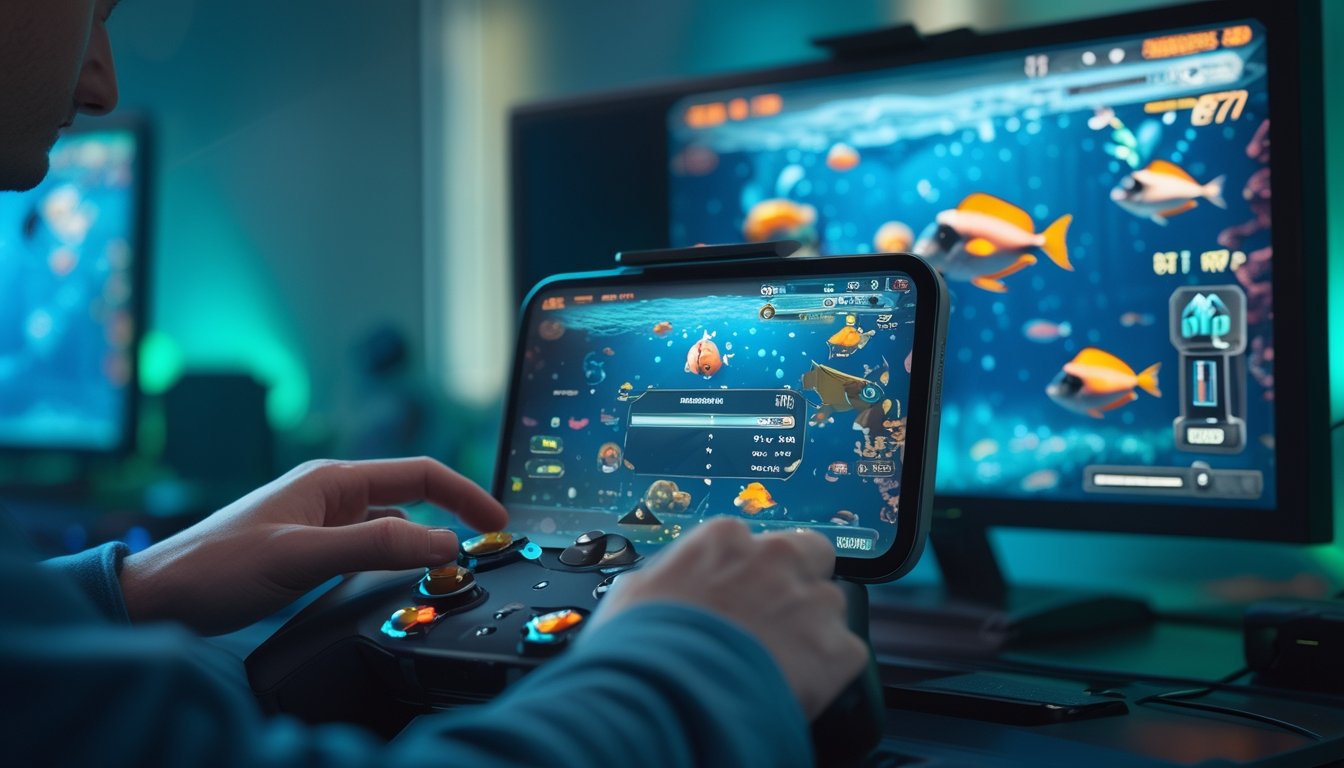 Seorang pemain sedang menggunakan pengontrol game di depan layar komputer yang menampilkan grafis bawah laut dengan ikan dan opsi peningkatan senjata.