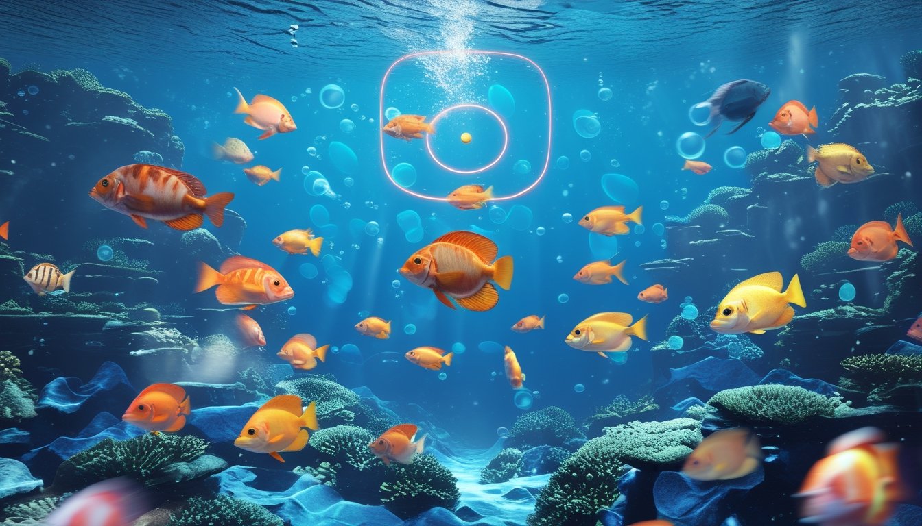 Pemandangan bawah laut dengan ikan-ikan berwarna-warni berenang di sekitar terumbu karang yang hidup.