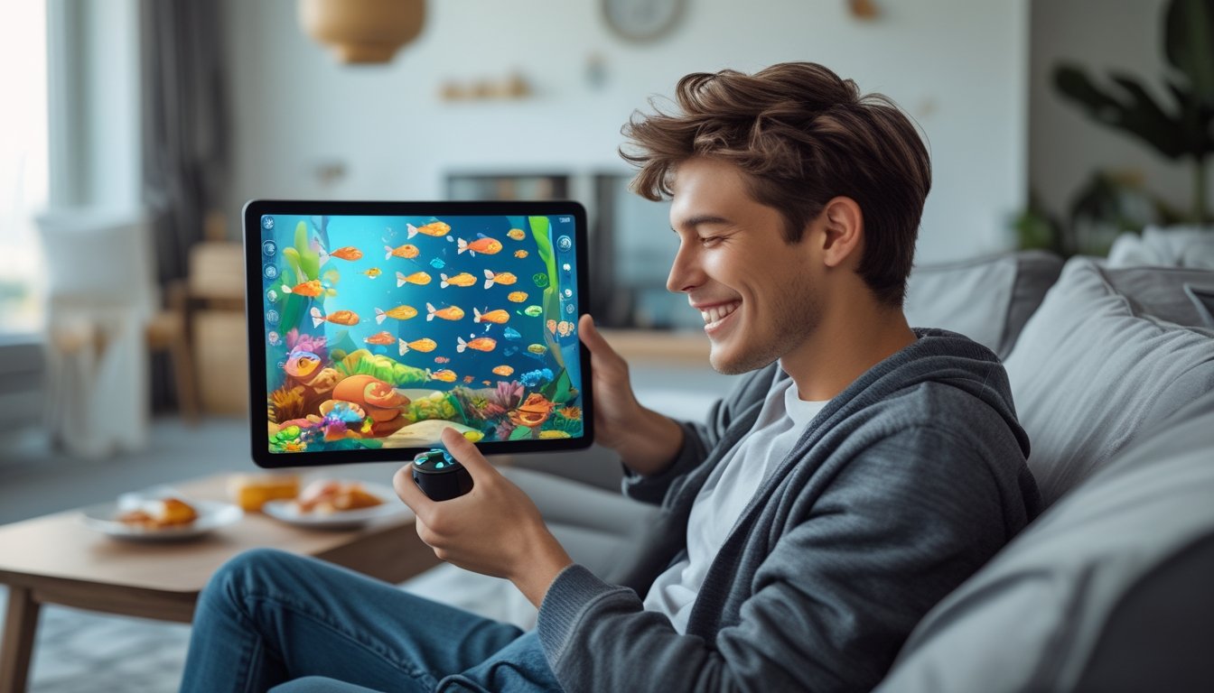 Seorang dewasa muda sedang bermain game tembak ikan dengan senang di ruang tamu yang nyaman.