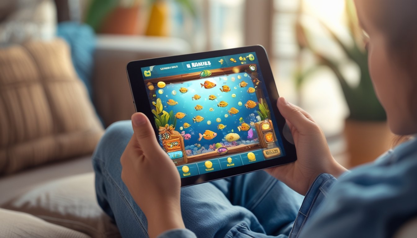 Seseorang sedang bermain game tembak ikan di tablet dengan latar ruang tamu yang nyaman.