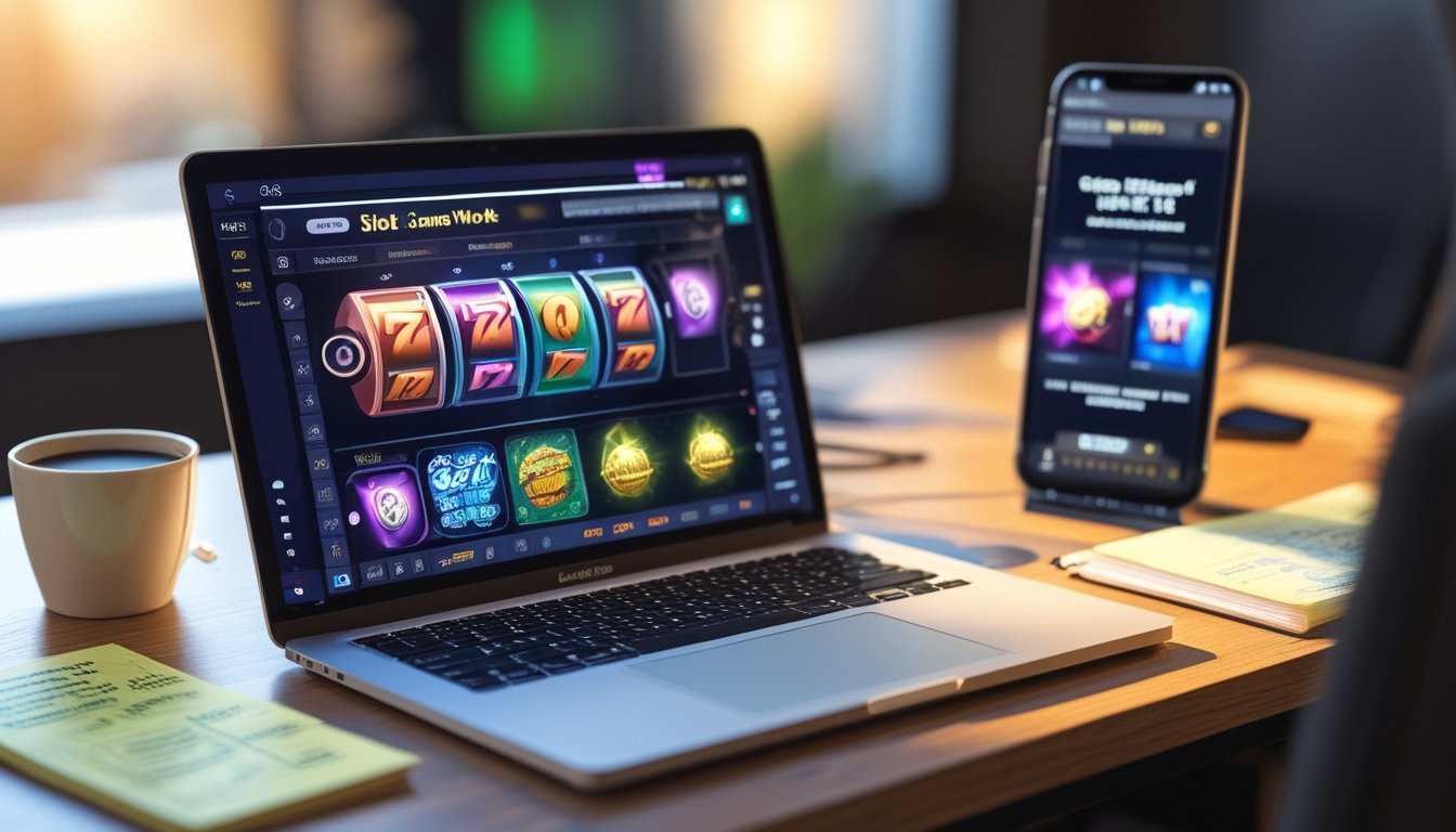 Seseorang sedang belajar cara kerja game slot digital menggunakan laptop di meja kerja dengan catatan dan kopi di sampingnya.