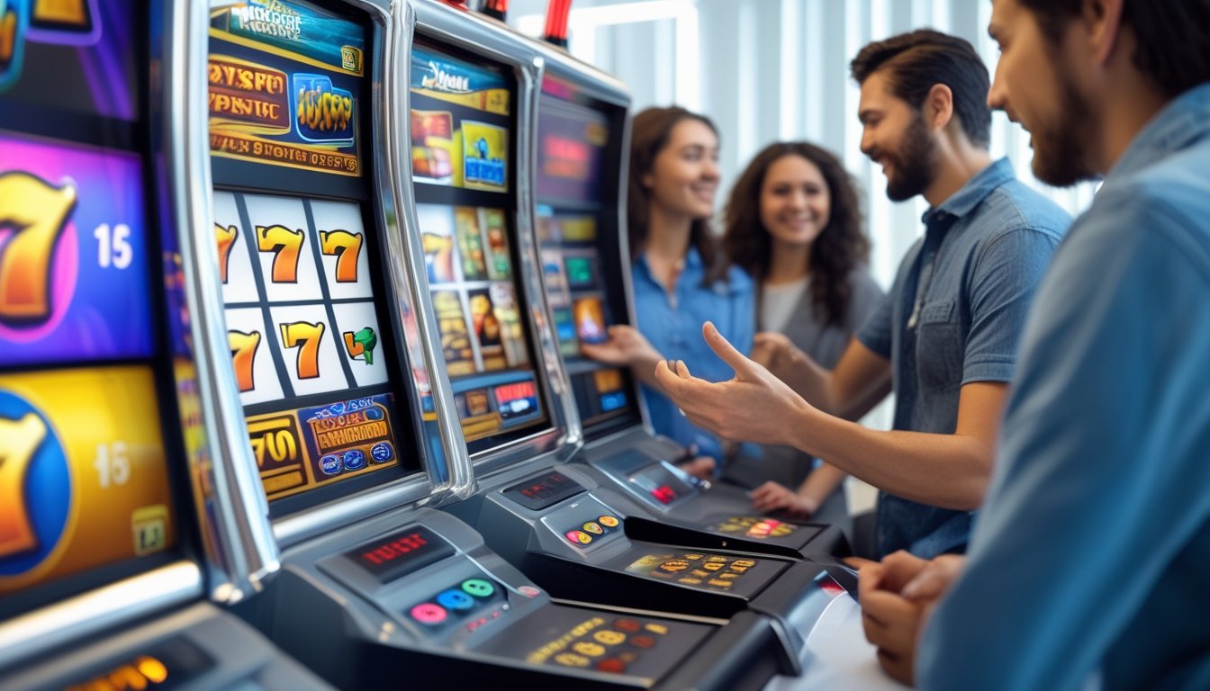 Mesin slot digital modern dengan layar berwarna cerah dan orang-orang yang sedang belajar cara bermain di latar belakang.