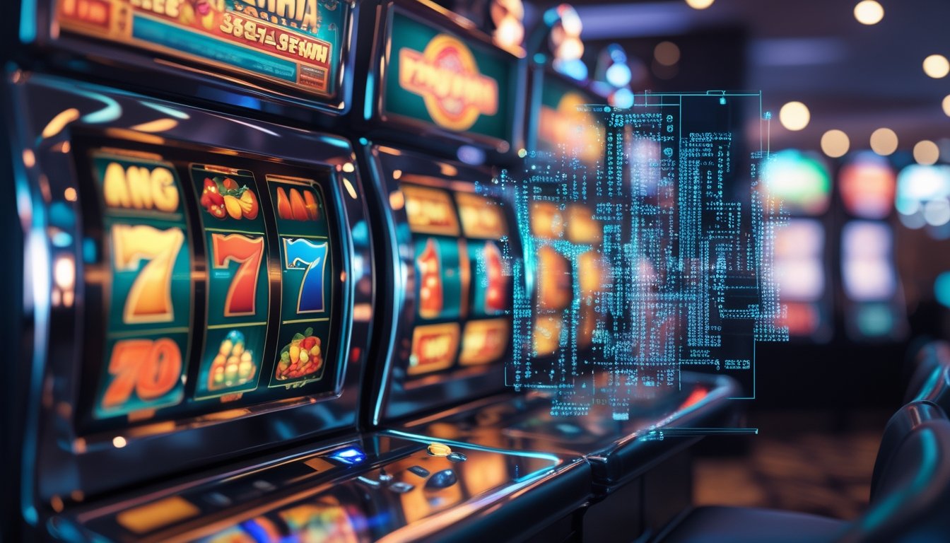 Mesin slot modern dengan simbol berwarna-warni dan ilustrasi digital angka yang menggambarkan sistem RNG di latar belakang kasino.