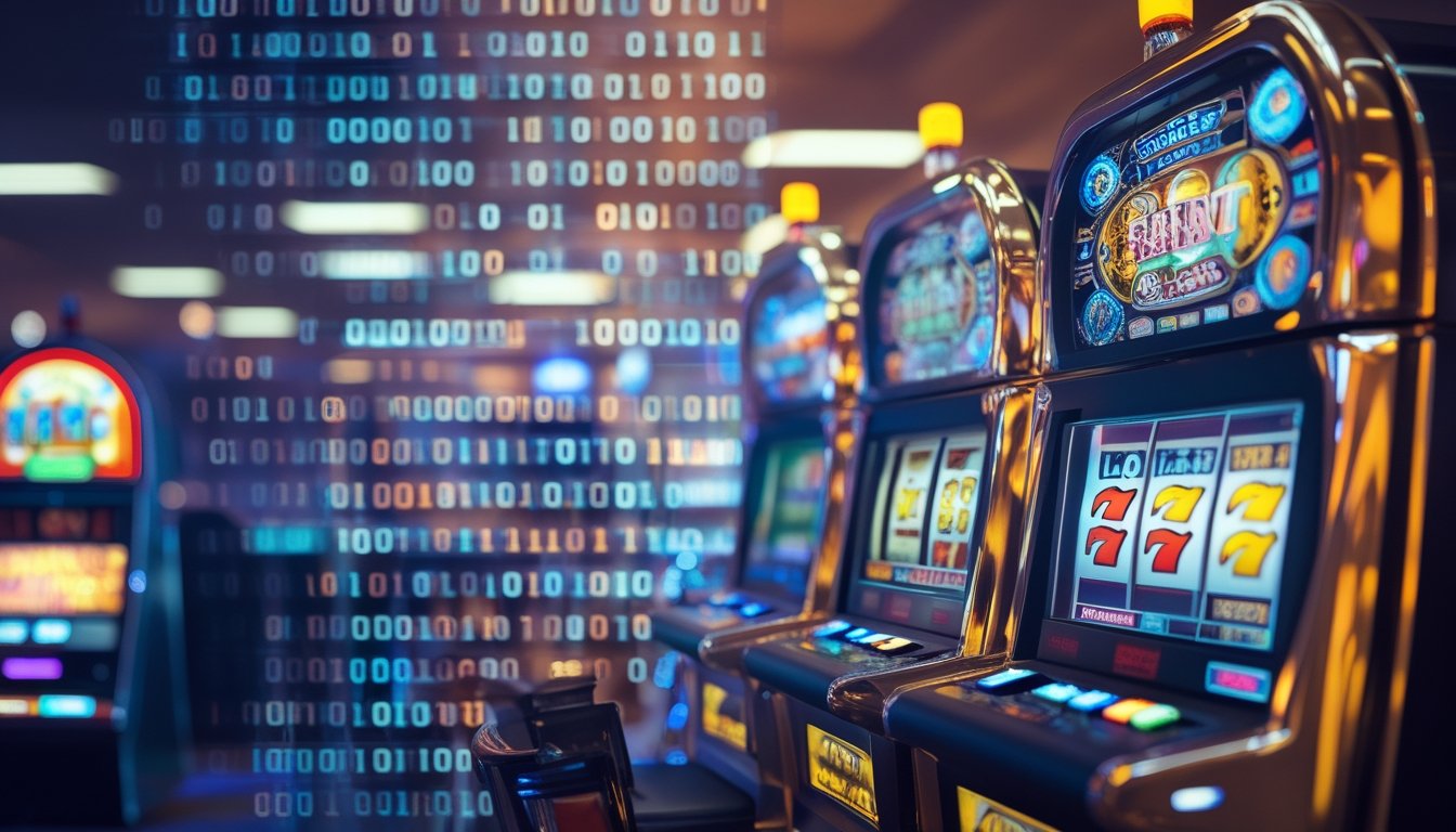 Mesin slot modern dan mesin slot mekanik kuno berdampingan dengan latar belakang kode digital yang mewakili sistem RNG.