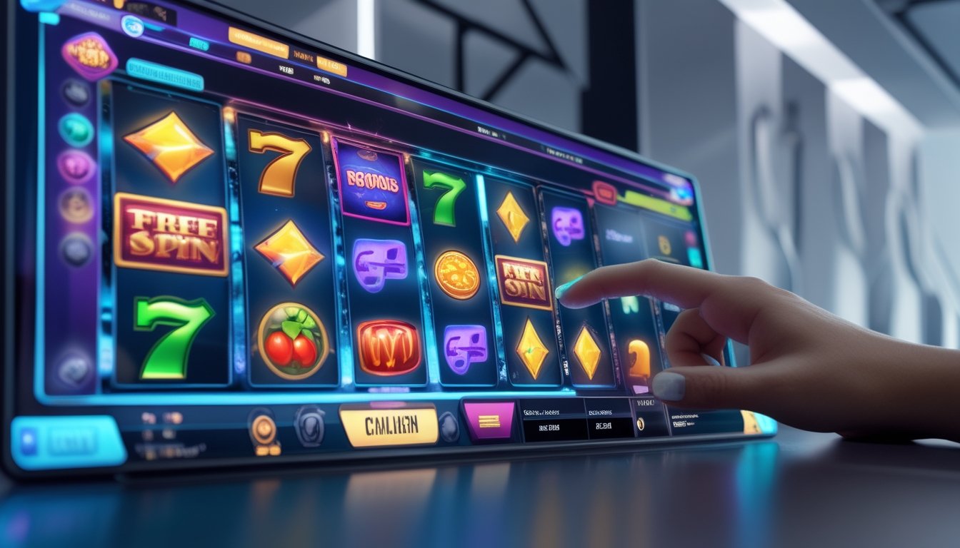 Tampilan layar permainan slot digital modern dengan simbol warna-warni dan tangan pengguna yang sedang berinteraksi dengan layar sentuh.