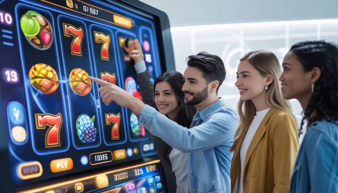 Beberapa orang sedang berinteraksi dengan antarmuka mesin slot digital modern di layar sentuh besar.
