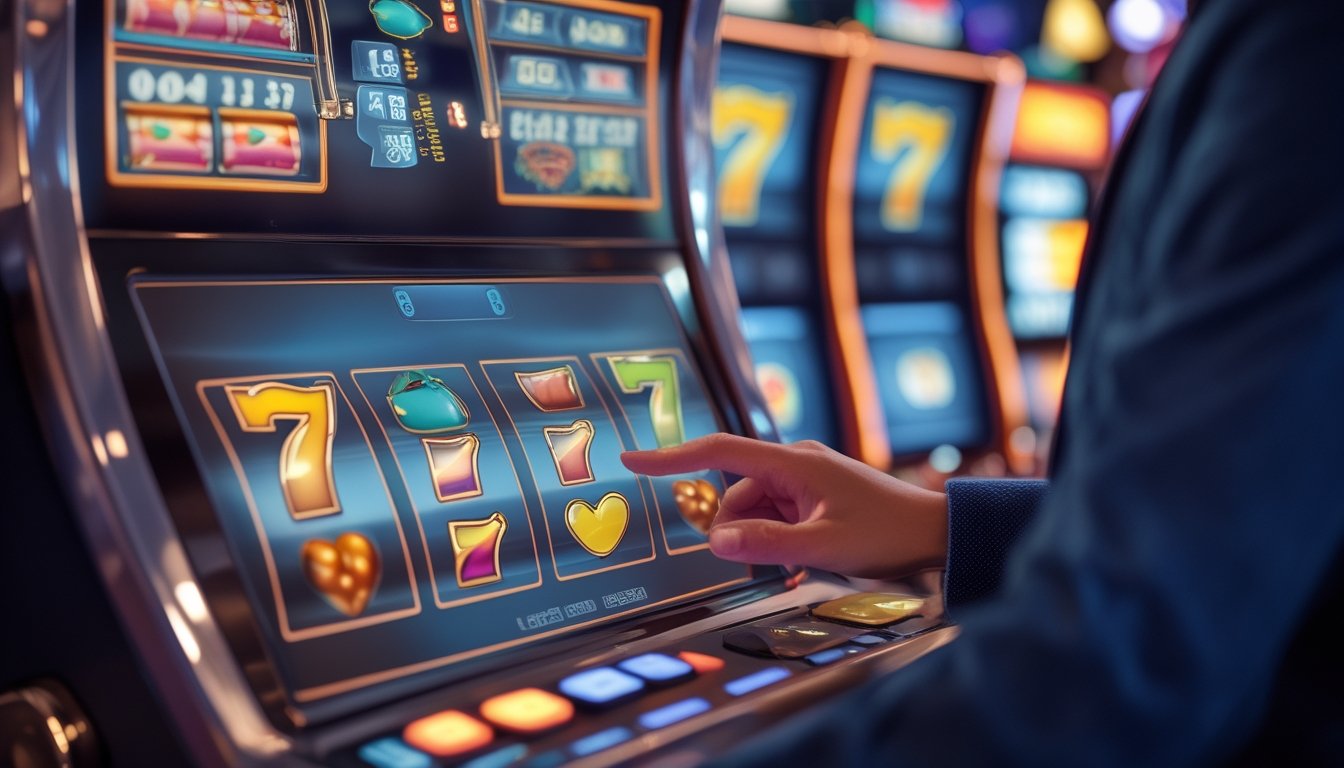 Tangan seseorang sedang menggunakan mesin slot digital dengan layar sentuh di lingkungan kasino yang samar.