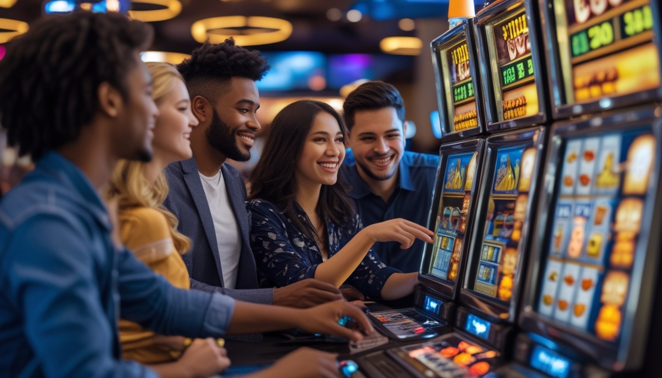 Orang-orang bermain mesin slot di kasino dengan ekspresi senang dan fokus, menampilkan suasana hiburan interaktif.