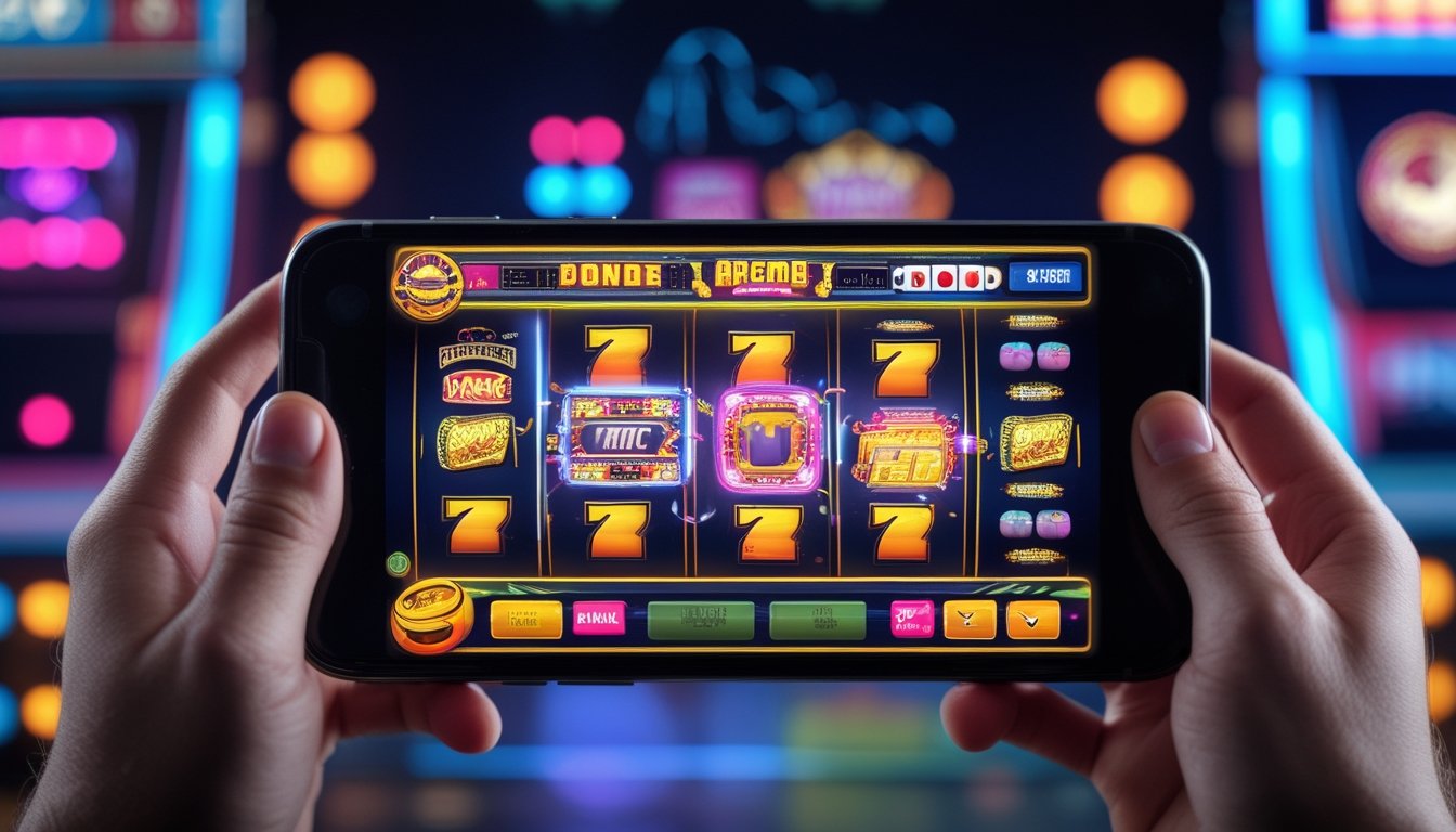 Seseorang memegang ponsel yang menampilkan permainan slot digital bertema arcade yang populer di layar.
