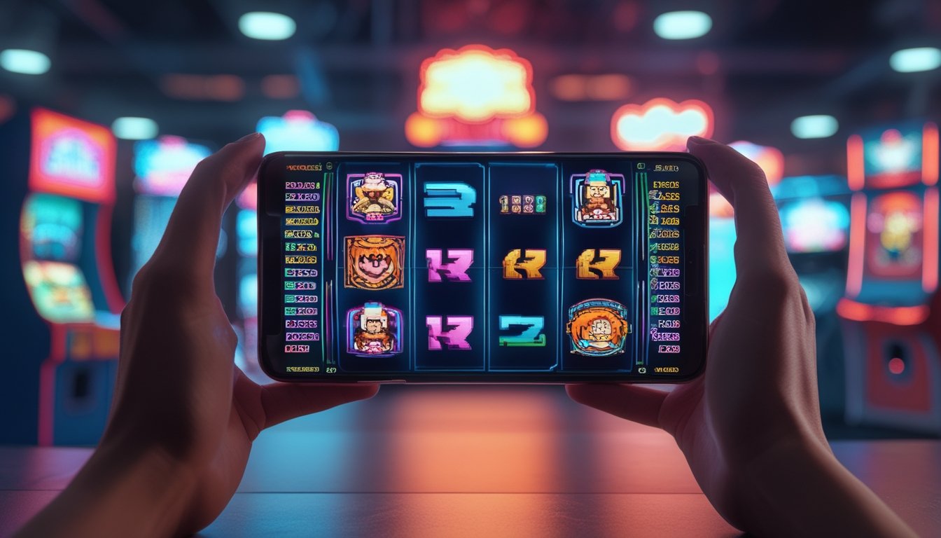 Seseorang memegang smartphone yang menampilkan permainan slot digital bertema arcade dengan simbol warna-warni dan latar belakang suasana arcade neon.