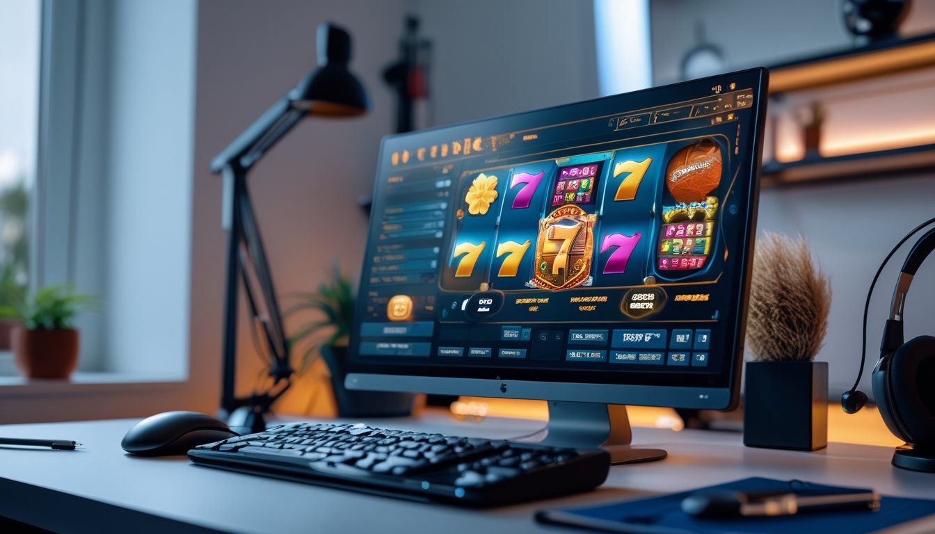Seorang pemain duduk di depan komputer dengan permainan slot digital di layar, dikelilingi oleh aksesori gaming dan alat tulis di meja.