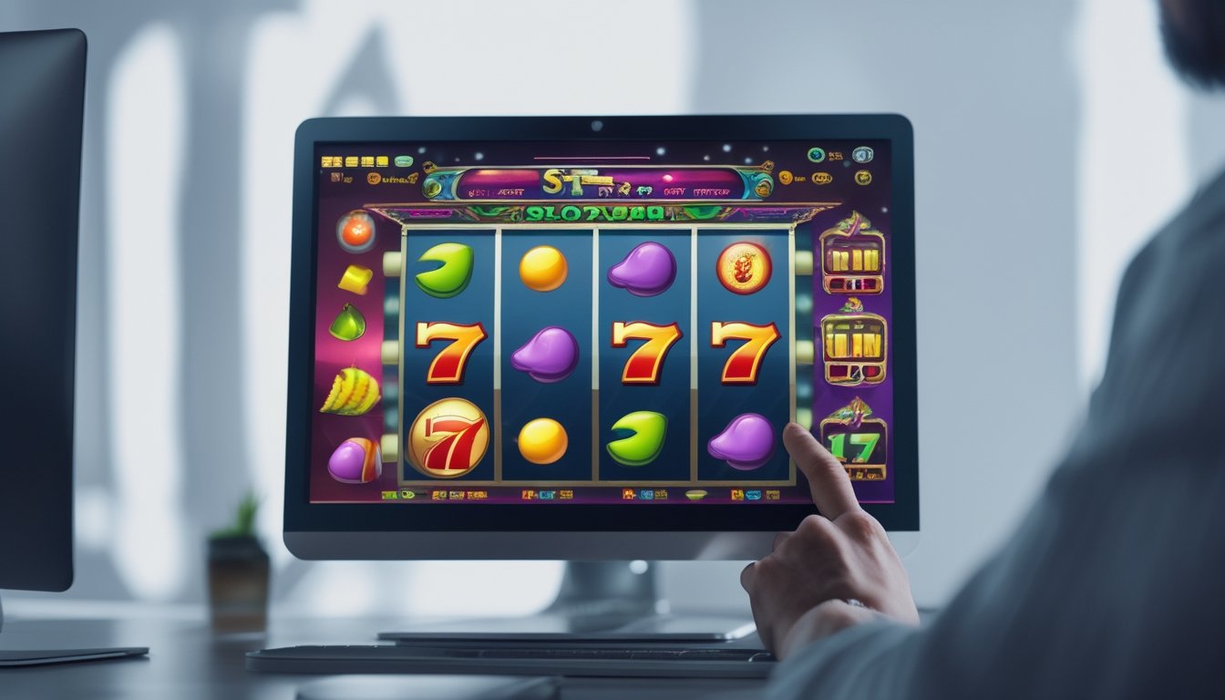 Seseorang sedang bermain game slot digital di komputer dengan layar menampilkan gulungan berwarna-warni.