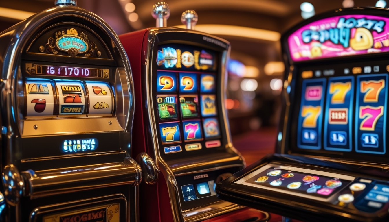 Perbandingan mesin slot mekanik klasik dengan versi digital modern di latar kasino.