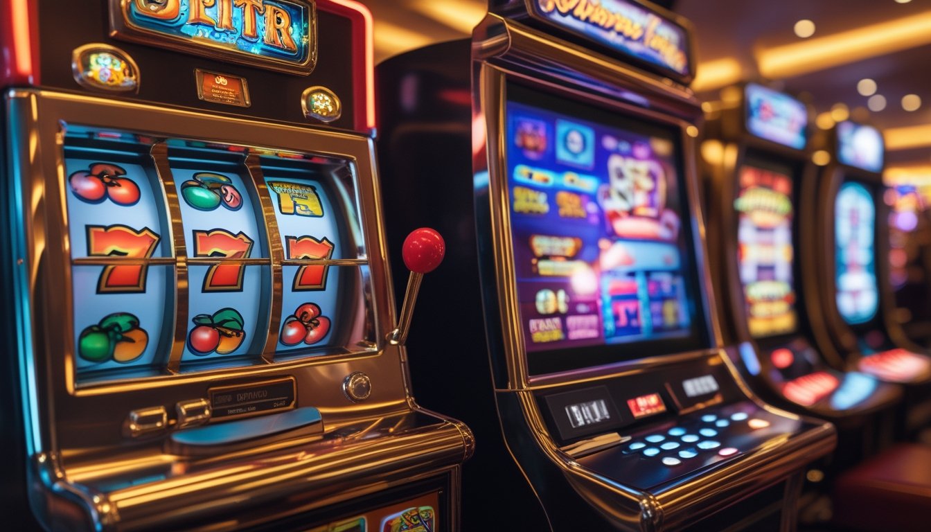 Gambar mesin slot klasik di sebelah kiri dan mesin slot digital modern di sebelah kanan dalam suasana kasino.