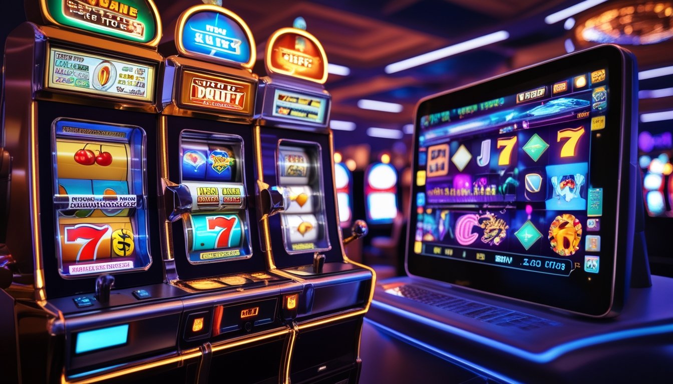 Gambar yang menunjukkan perbedaan antara mesin slot klasik dengan tuas dan simbol tradisional di kiri, dan permainan slot digital modern dengan layar sentuh dan grafik animasi di kanan.