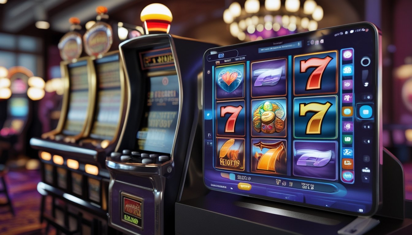 Gambar mesin slot klasik di sebelah kiri dan permainan slot digital modern di layar sentuh di sebelah kanan, menunjukkan perbedaan antara slot tradisional dan digital.