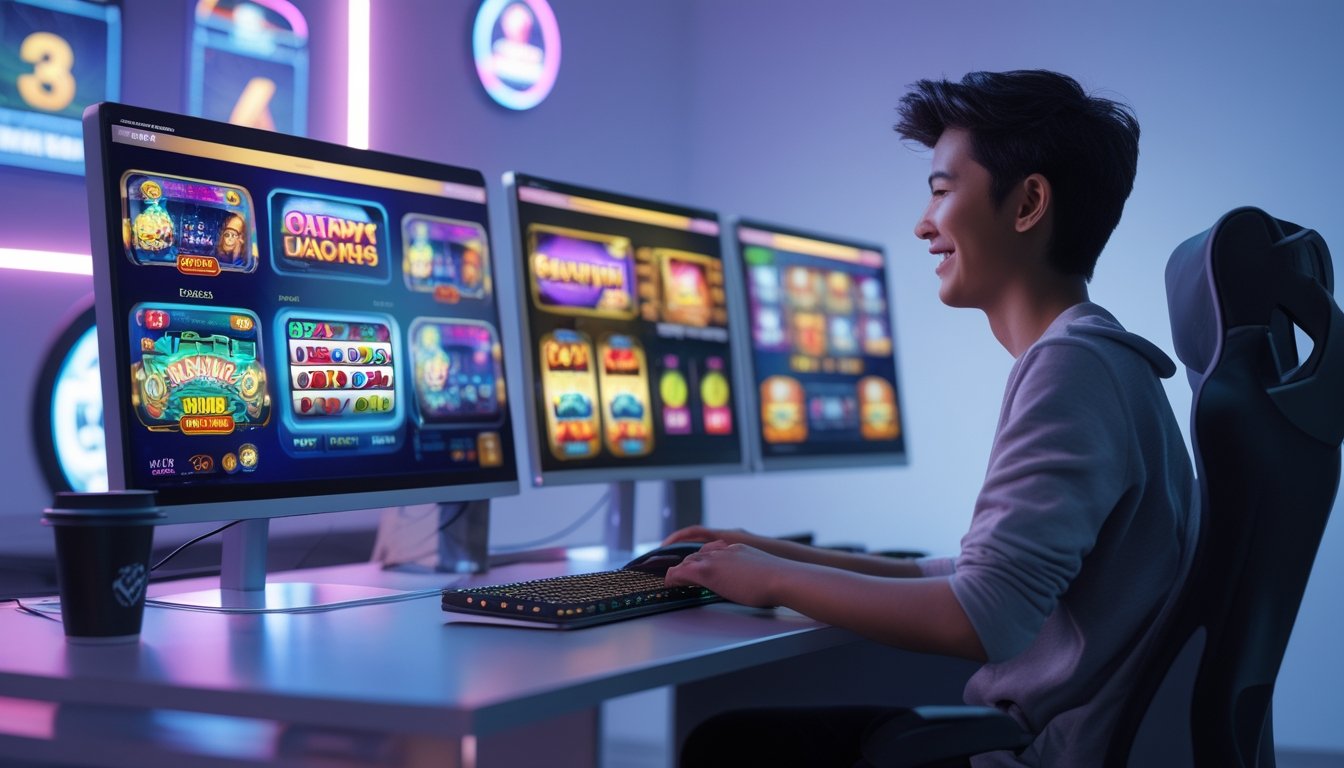 Seorang dewasa muda duduk di depan komputer dengan layar menampilkan permainan slot digital berwarna-warni di ruangan yang terang dan rapi.