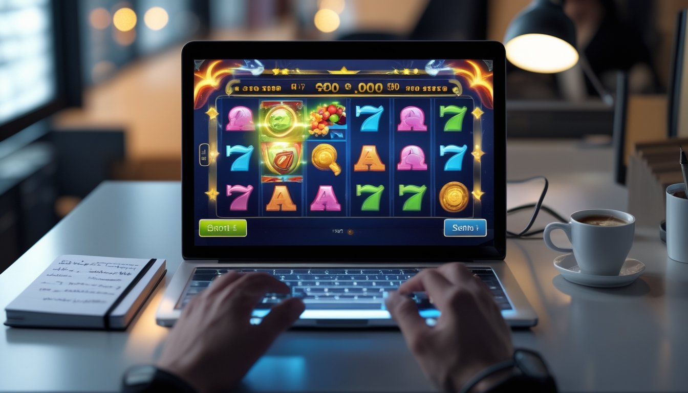 Sebuah meja kerja dengan komputer yang menampilkan permainan slot digital berwarna-warni, dilengkapi dengan buku catatan dan cangkir kopi.