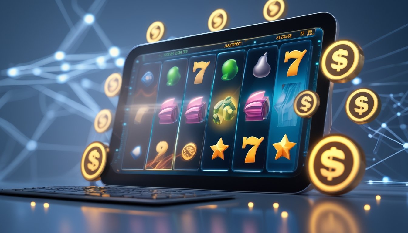 Layar perangkat digital yang menampilkan mesin slot dengan simbol berwarna-warni dan ikon hadiah di sekitarnya.