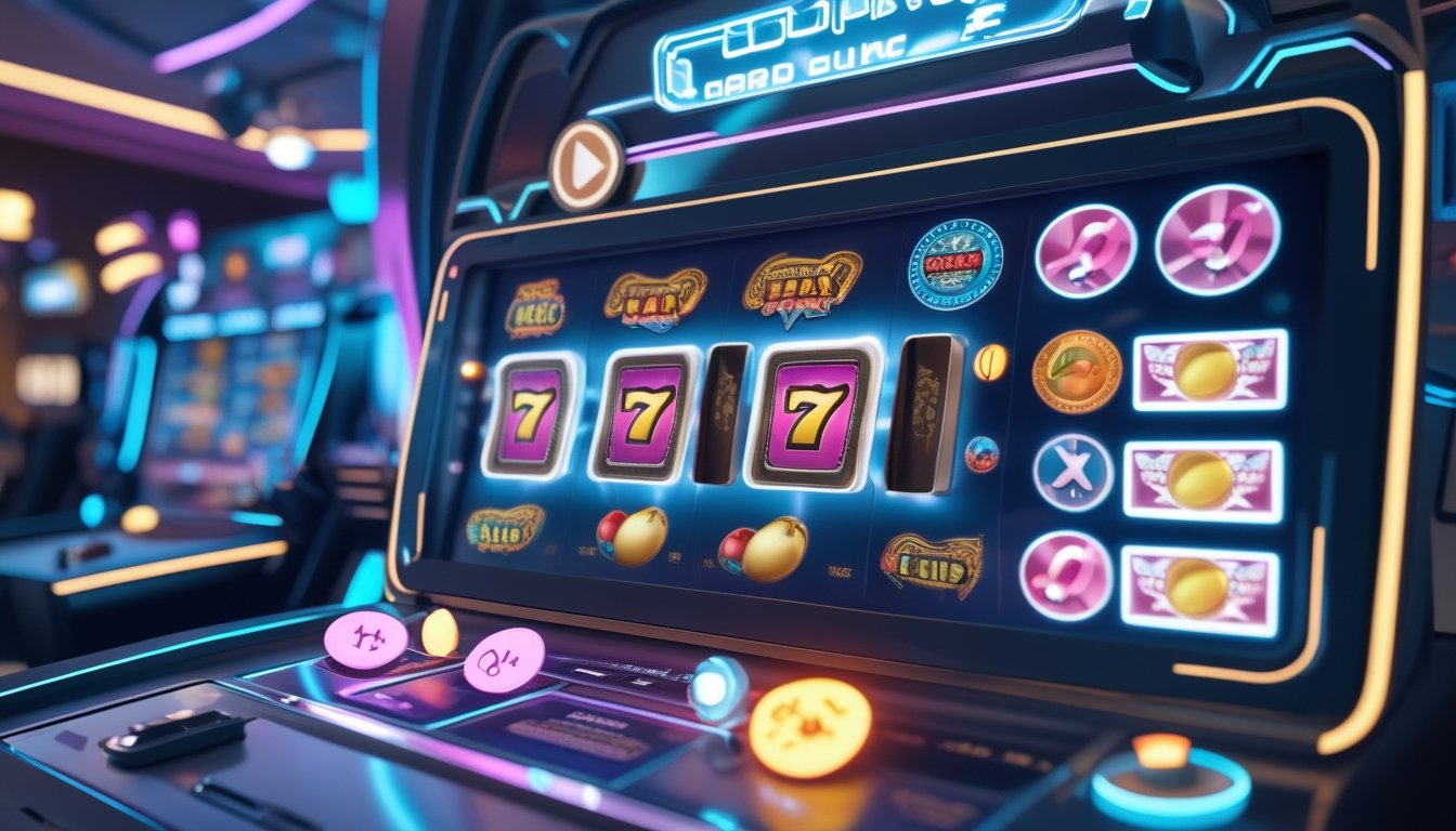 Tampilan mesin slot digital dengan berbagai ikon bonus dan hadiah di latar futuristik.