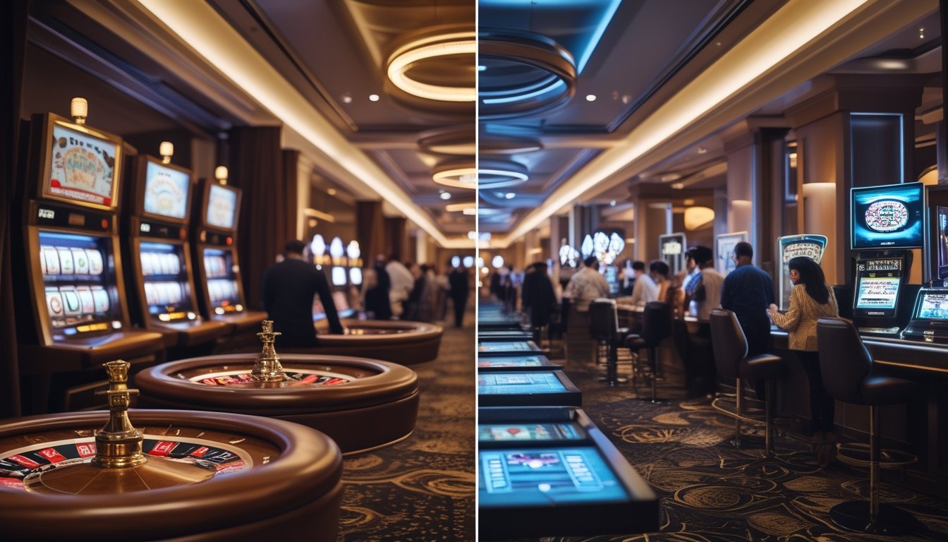 Suasana kasino yang menampilkan peralihan dari kasino tradisional dengan mesin slot dan meja poker klasik ke lingkungan kasino digital dengan perangkat modern dan layar holografik.
