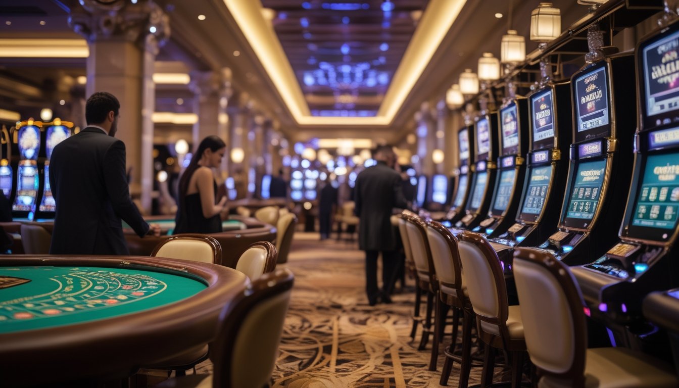 Interior kasino yang menampilkan meja judi tradisional di satu sisi dan mesin slot digital modern di sisi lain dengan pengunjung yang sedang bermain.