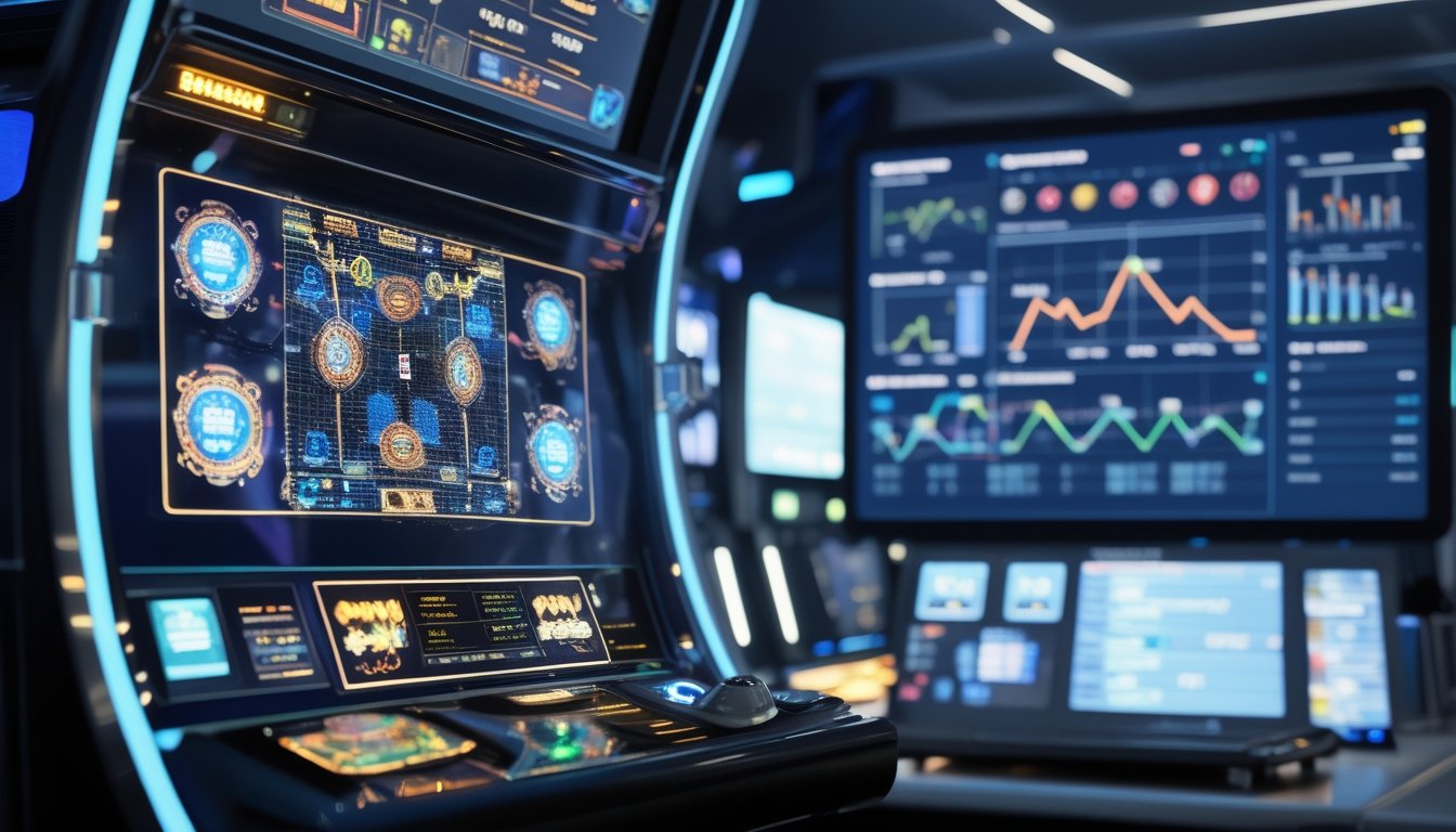 Pemandangan mesin permainan kasino dengan komponen teknologi dan layar komputer yang menampilkan data sistem di ruang kontrol modern.