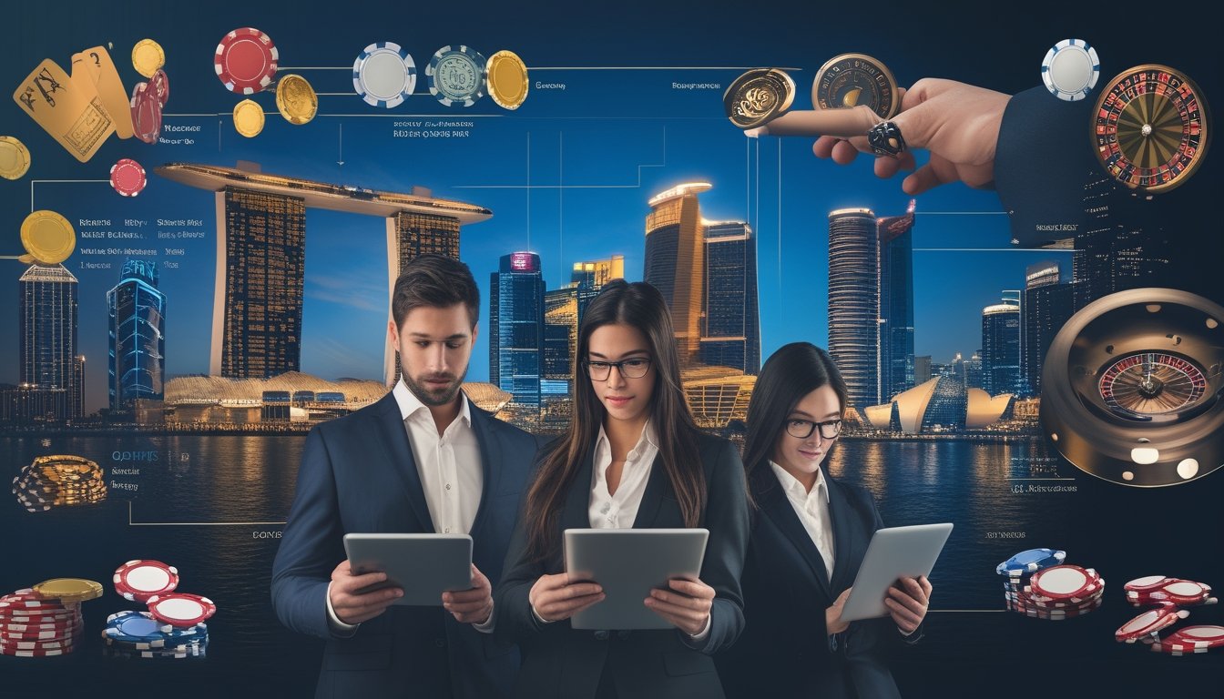 Beberapa profesional bisnis berdiskusi di depan latar belakang landmark kasino terkenal dari berbagai negara dengan elemen permainan kasino seperti chip dan roda roulette.