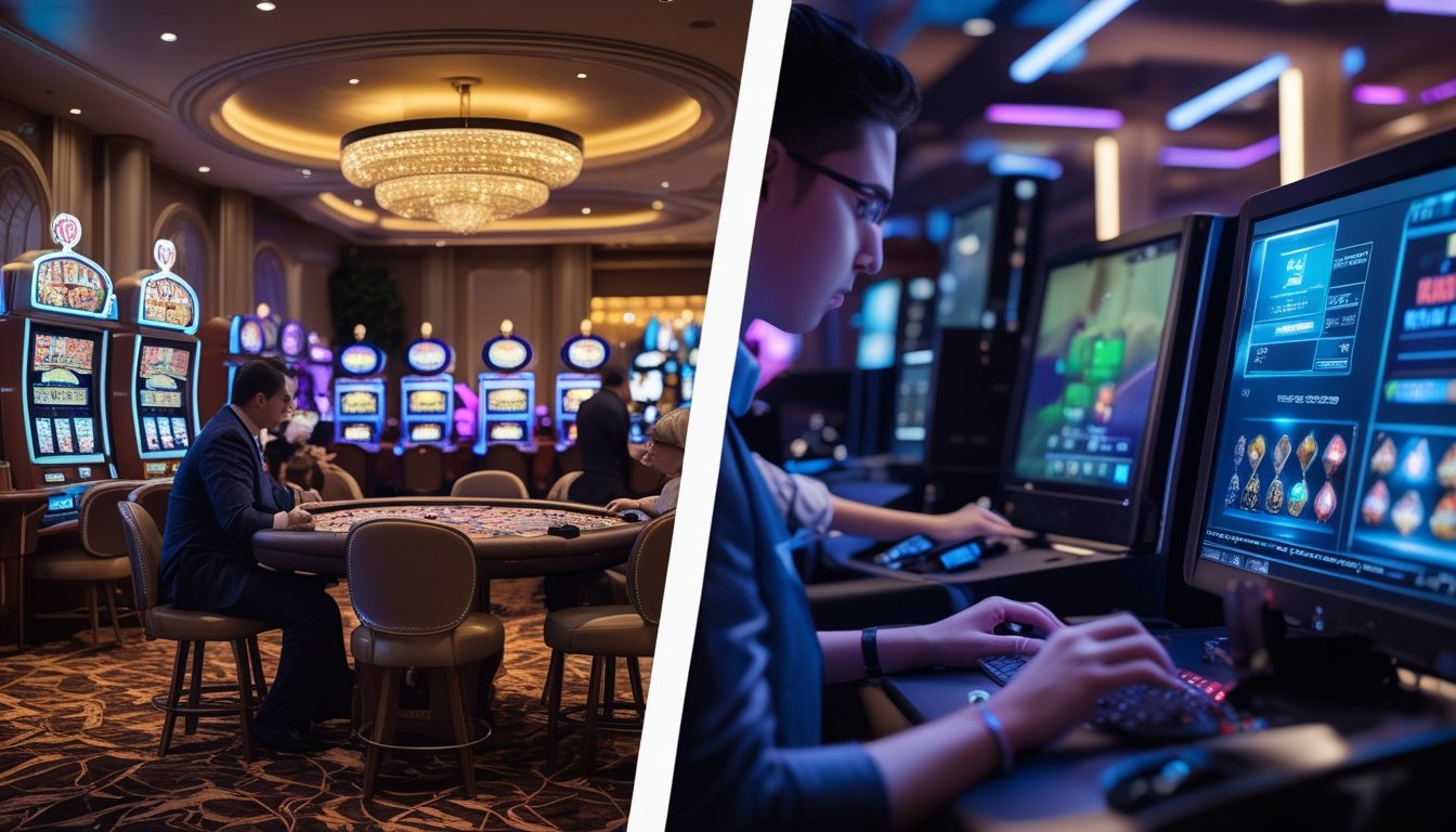 Perbandingan antara kasino tradisional dengan mesin slot dan meja poker di satu sisi, dan platform game digital modern dengan layar komputer dan perangkat digital di sisi lain.