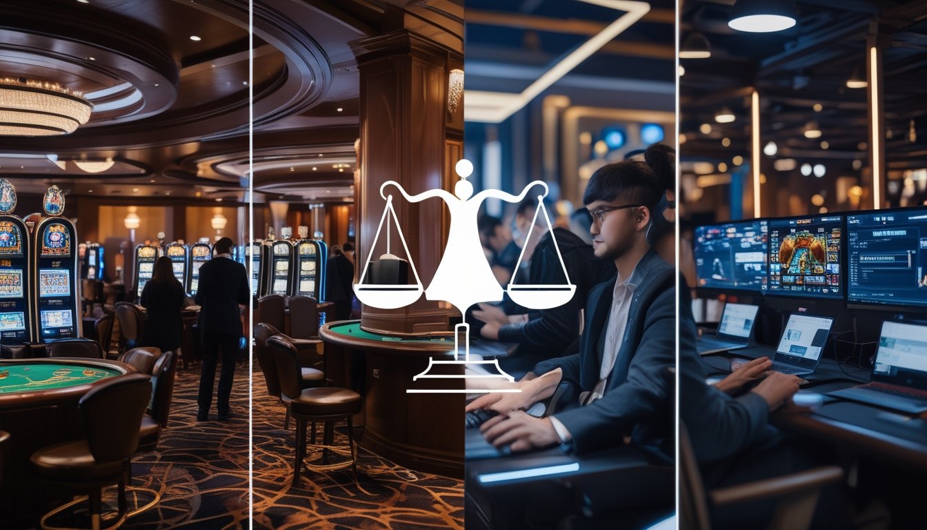 Gambaran perbedaan antara kasino konvensional dengan suasana elegan dan platform game digital modern dengan layar komputer dan perangkat digital, serta simbol hukum di tengahnya.