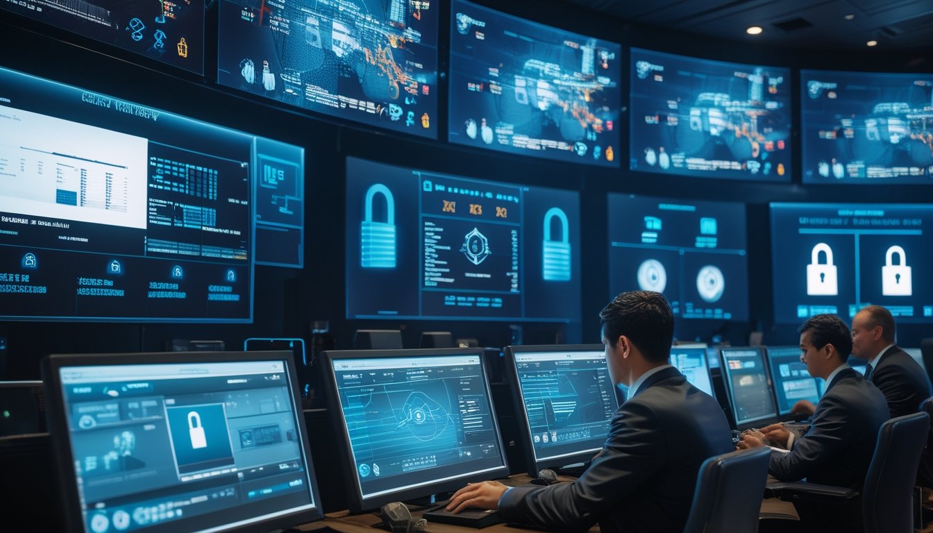 Ruangan pengawasan modern dengan beberapa profesional keamanan yang memantau layar besar menampilkan rekaman keamanan dan data digital di sistem kasino.