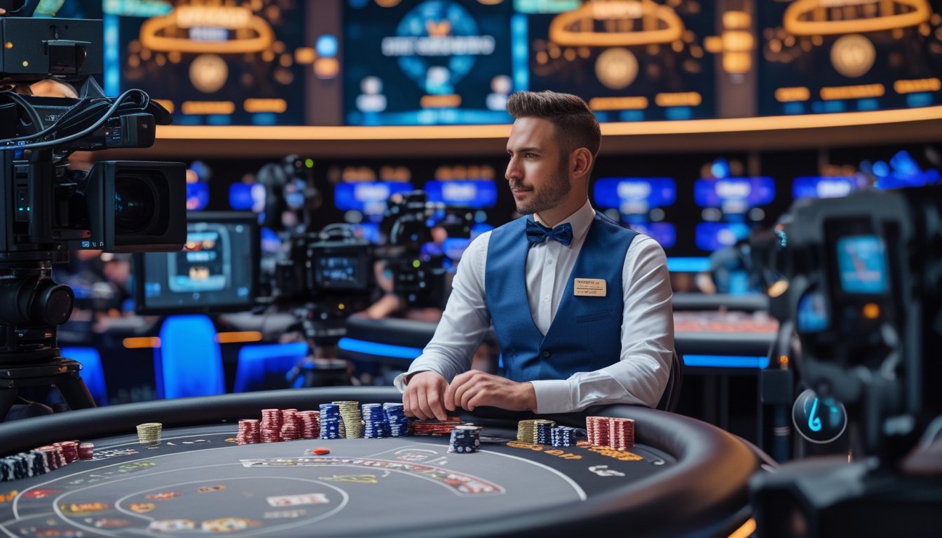 Seorang dealer kasino profesional duduk di meja permainan dengan kartu dan chip, dikelilingi oleh peralatan kamera dan layar digital yang menampilkan sistem permainan secara langsung.