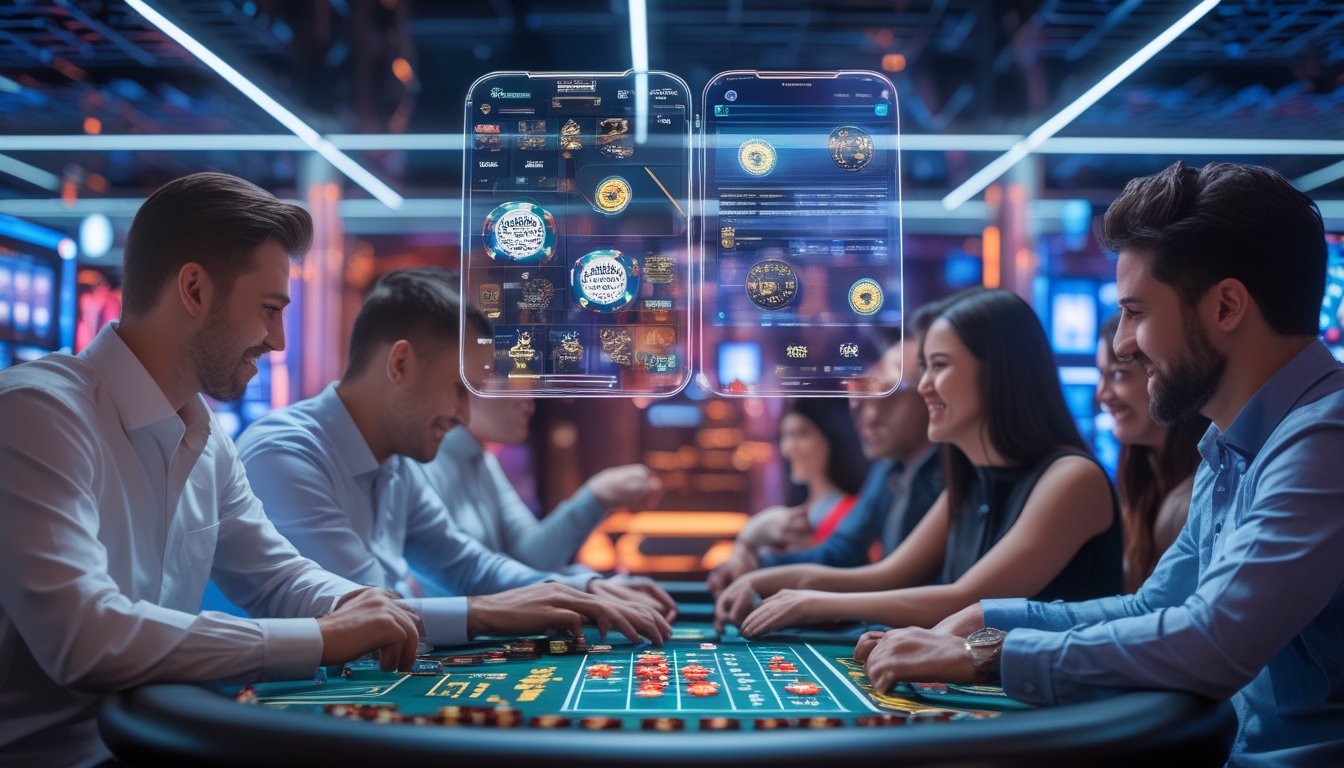 Beberapa orang bermain permainan kasino digital dengan layar holografik dan elemen kasino tradisional di atas meja futuristik.