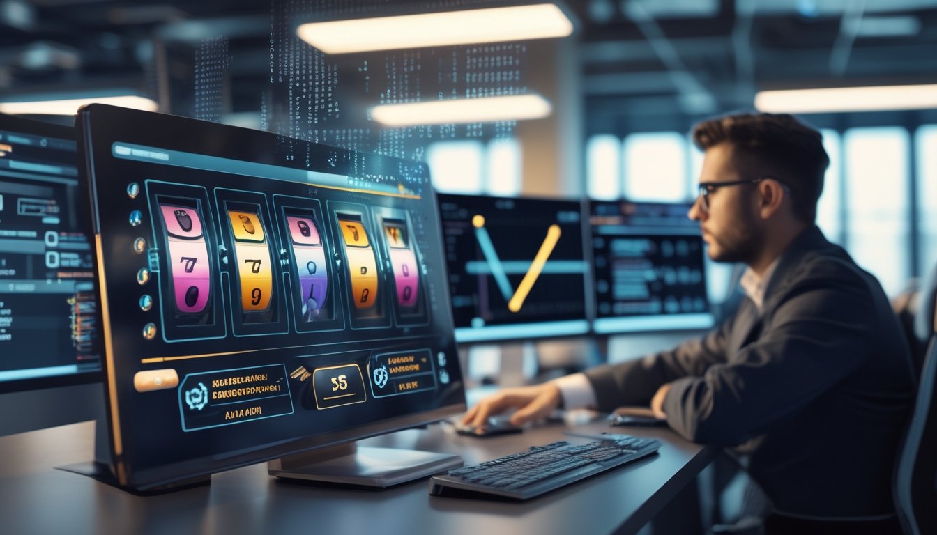 Seorang pengembang game sedang menganalisis kode dan grafik statistik di depan layar sentuh digital yang menampilkan gulungan mesin slot dengan angka dan simbol yang berubah secara acak.