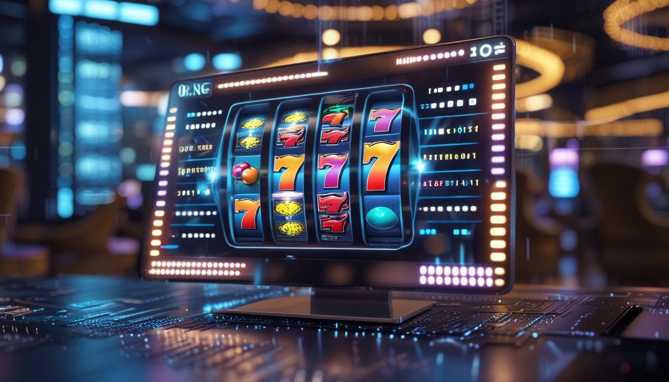 Layar komputer menampilkan mesin slot digital dengan simbol kasino berwarna-warni, dikelilingi oleh elemen digital abstrak seperti kode biner dan pola sirkuit.